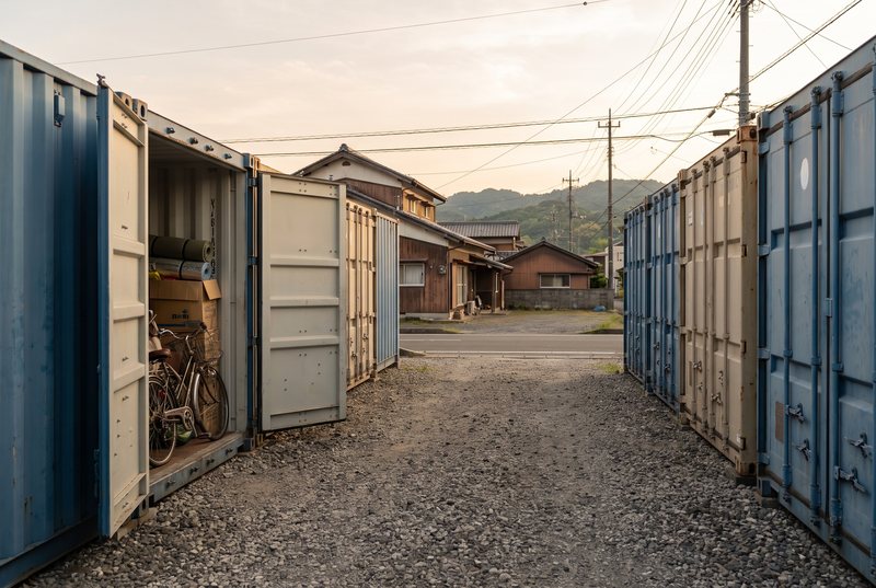 夕方の屋外コンテナの並び