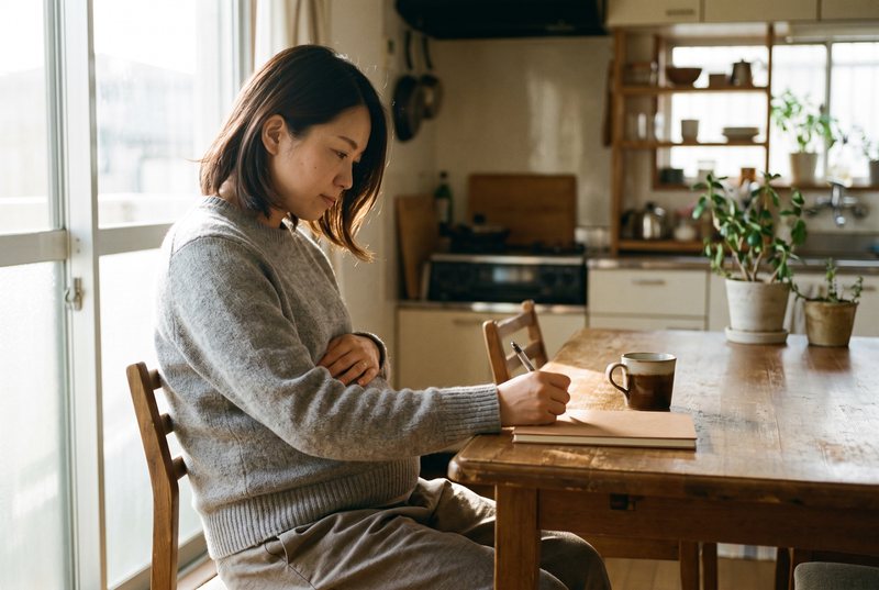 テーブルでノートに書く妊娠中の女性