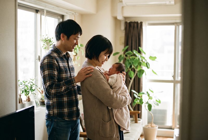 朝の窓辺で、赤ちゃんを抱く母親と寄り添う父親