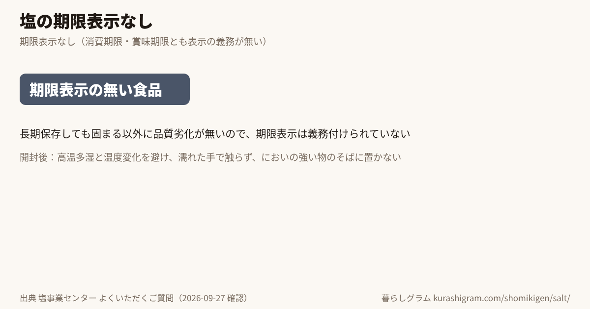塩の期限表示なしと、そのあとの目安